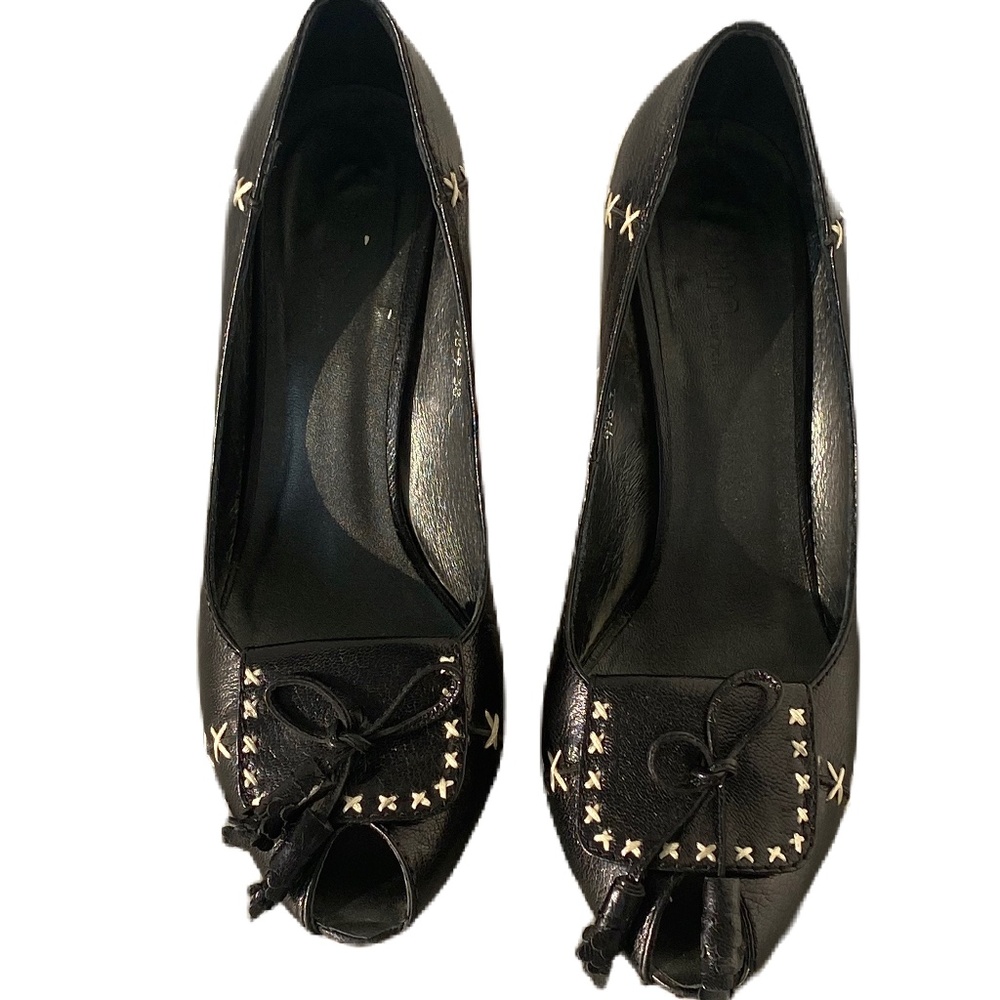 Juno New York loafer block heels peep toe black cream 8 - Picture 3 of 12